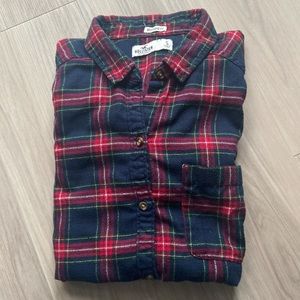Hollister Navy Blue and Red Long Plaid Flannel Shirt